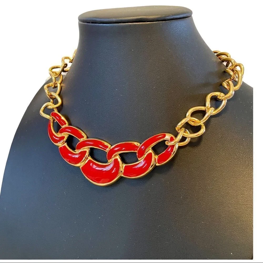 Napier Red & Gold Bar Necklace on large link chain. Gorgeous!